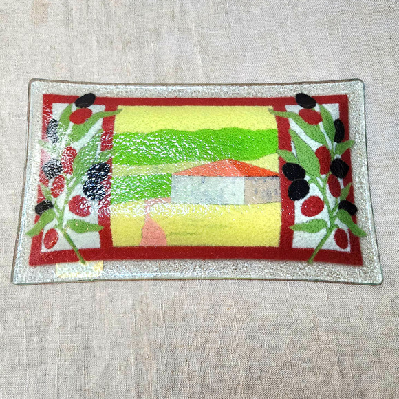 Peggy Karr Glass Fused Art Glass Tuscan Villa Winery Platter/Tray Artist Signed - Picture 7 of 10